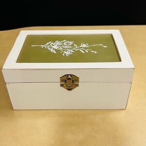 White Box with Green Floral Design full of Scrapbooking/Crafting supplies